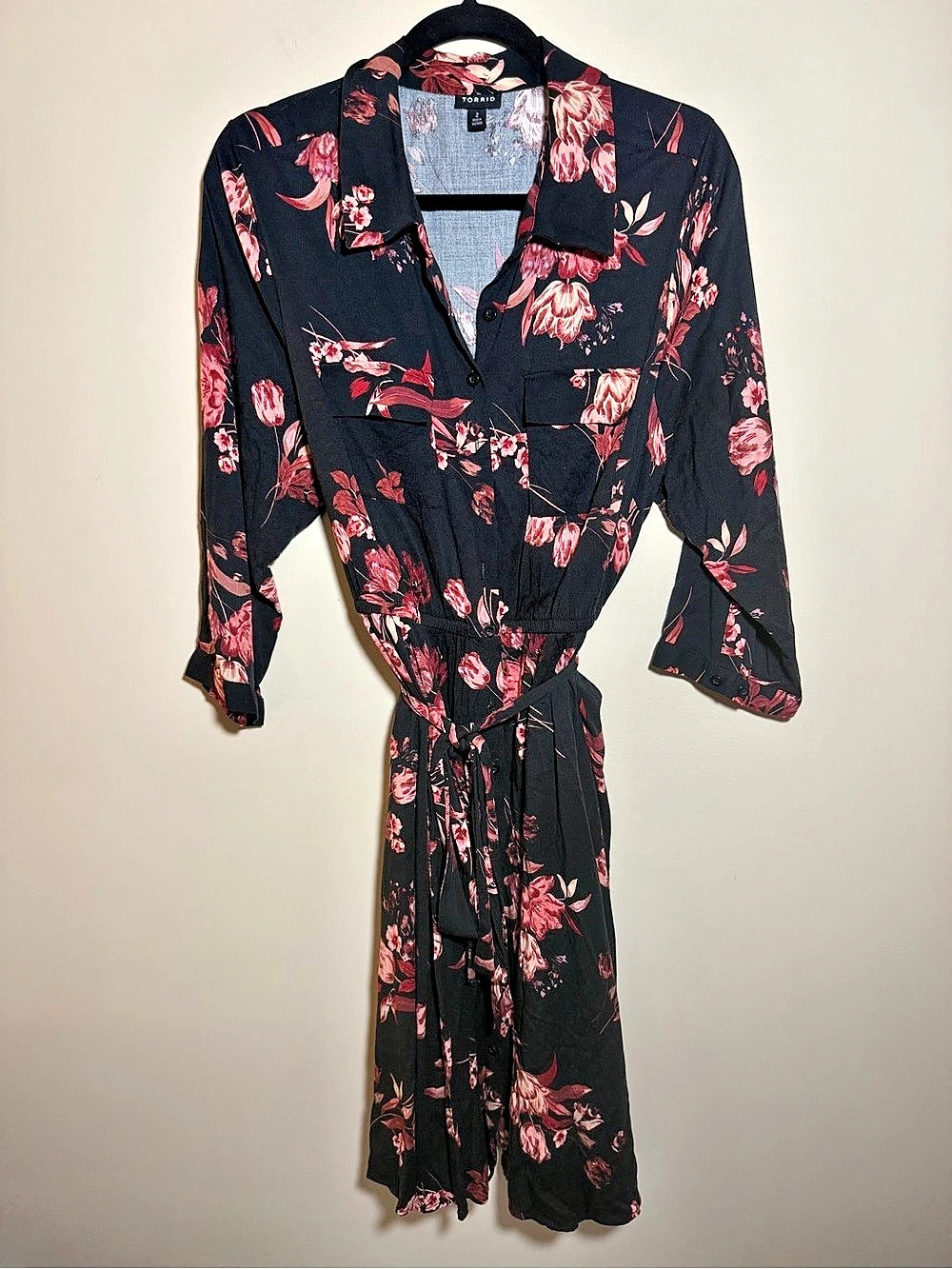 Torrid Size 2 Challis Black Pink Floral Button Front Belted Midi Shirt Dress 2X